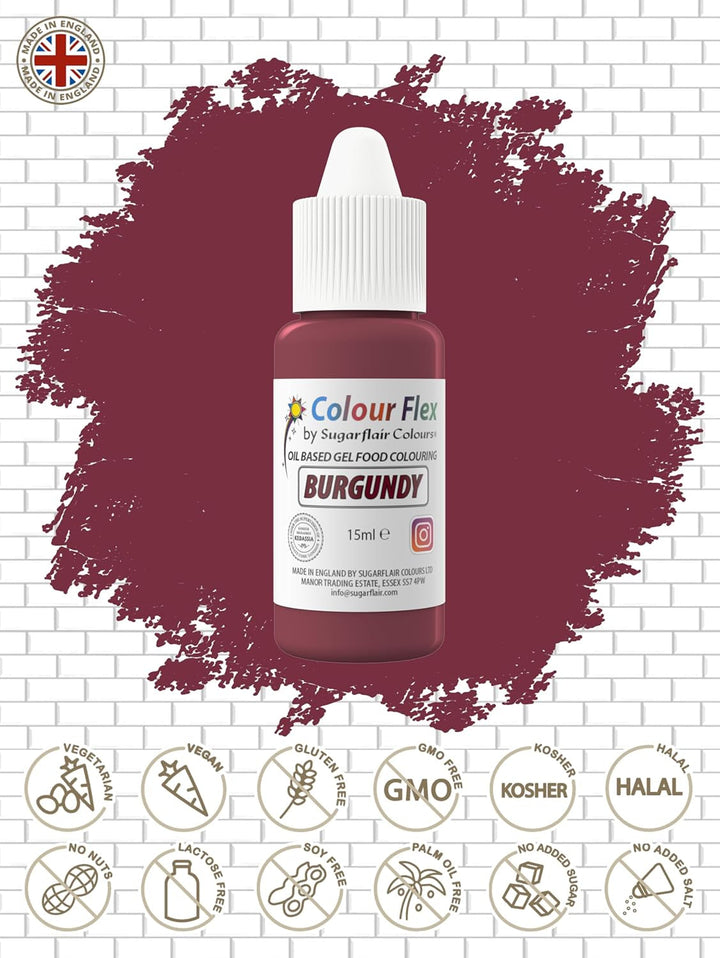 Sugarflair Colourflex Lebensmittelfarbe Auf Ölbasis Burgundy, Flüssige Lebensmittel Farbe Hochkonzentriert, Food Coloring Für Buttercreme, Schokolade, Teige, Fondant, Zuckerguss Und Mehr - 15 Ml