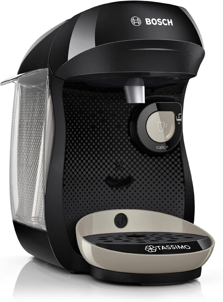 Espressor cu capsule Bosch Tassimo Happy Friendly TAS102EA, Peste 70 de băuturi, Potrivit pentru toate tipurile de cești, Oprire automată, Sustenabil, Include tablete de detartrare, Economie de spațiu, 1400 W, Negru