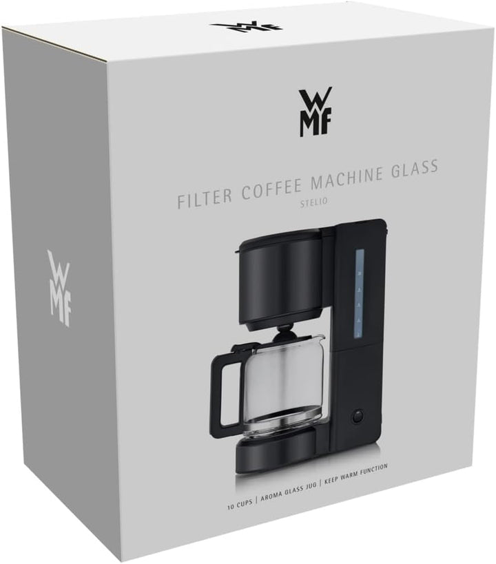 WMF Stelio Aroma filtru de cafea cu ulcior de sticlă, filtru de cafea, 10 cești, filtru de cafea din oțel inoxidabil, opritor de picurare, placă de încălzire, oprire automată, 1000 W, negru mat