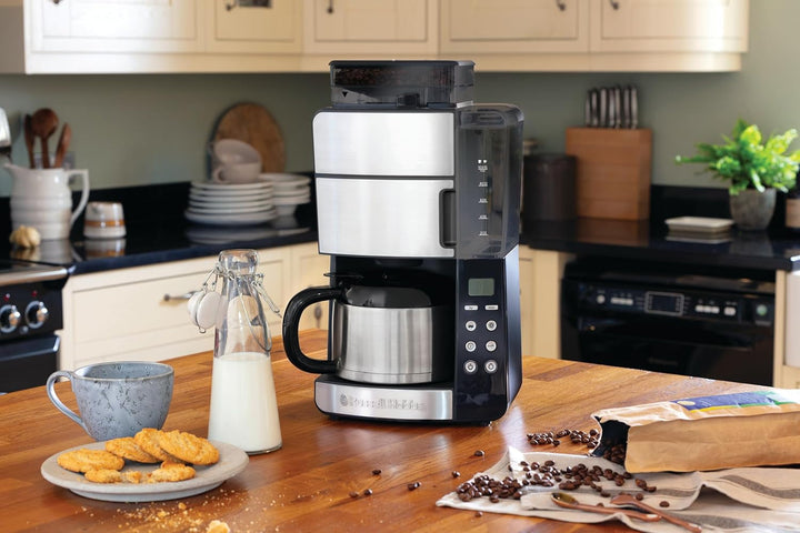Russell Hobbs Cafetiera cu râșniță Thermo Jug [cronometru digital, cap efervescent pentru extracție și aromă optime] Grind&Brew (Max 10 cești, setare de măcinare în 3 trepte) Filtru de cafea 25620-56