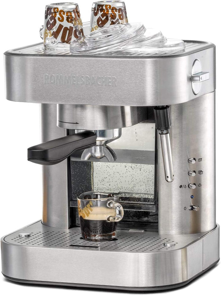 Rommelsbacher Coffee/Espresso Centre EKS 3010 - Mașină de cafea cu filtru, cană de sticlă, suport pentru sită, inserție filtru pentru 1 sau 2 cești, duză pentru spumă de lapte/apă caldă, cantitate de umplere a ceștii programabilă