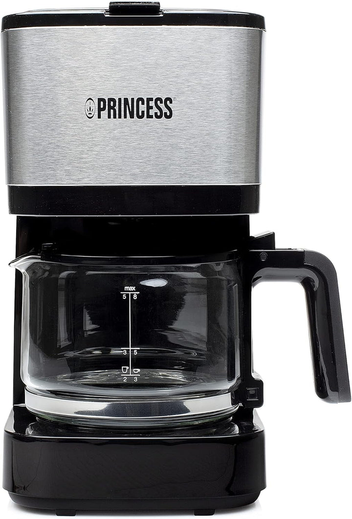 Cafetiera cu filtru Princess - ulcior de sticlă de 0,75 litri, 8 cești, oțel inoxidabil Cu filtru permanent, 600 Watt, 246030, negru, argintiu