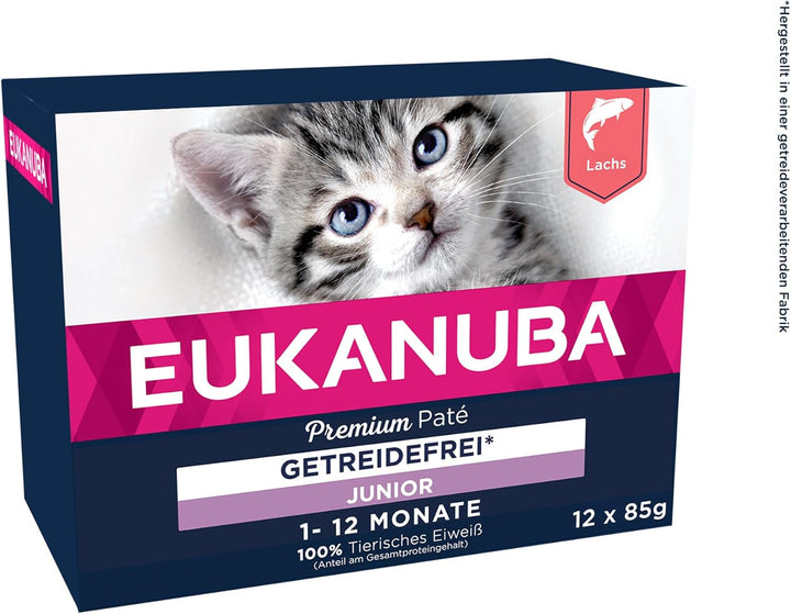 EUKANUBA Senior Cat Food Wet Grain Free - Hrană umedă premium cu mult somon pentru pisici în vârstă, 12 X 85 G