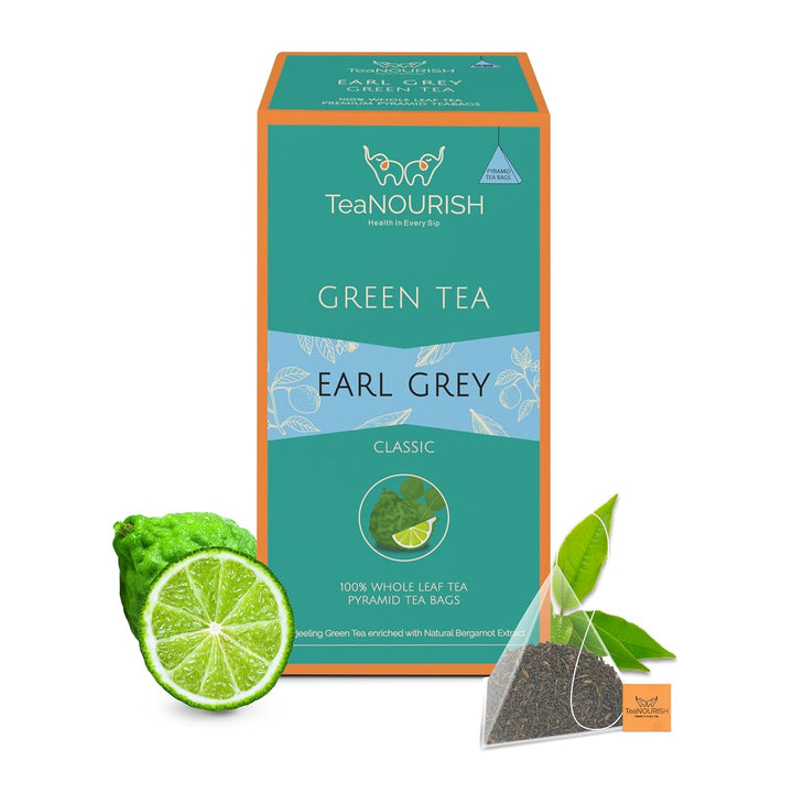 Teanourish Ghimbir Tulsi Ceai verde | 20 pliculețe de ceai piramidale | Darjeeling frunze întregi | Superalimente indiene Ghimbir, Tulsi &amp; Lemn dulce | Ameliorează stresul și favorizează digestia