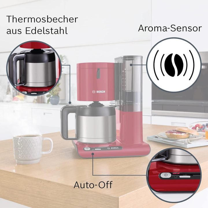 Cafetiera cu filtru Bosch Styline TKA8A054, Termos din oțel inoxidabil de 1,1 litri, Pentru 8-12 cești, Rezervor de apă detașabil, Stop picurare, Suport filtru pivotant, Compartiment de depozitare cablu, 1100 W, Roșu