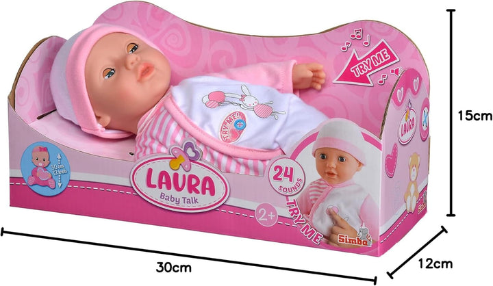Simba 105140020 - My Love Baby Talk, păpușă cu corp moale, cu ochi adormiți, în rochiță drăguță, scoate 24 de sunete de bebeluș, 30 cm, păpușă de bebeluș de la 2 ani, alb-roz