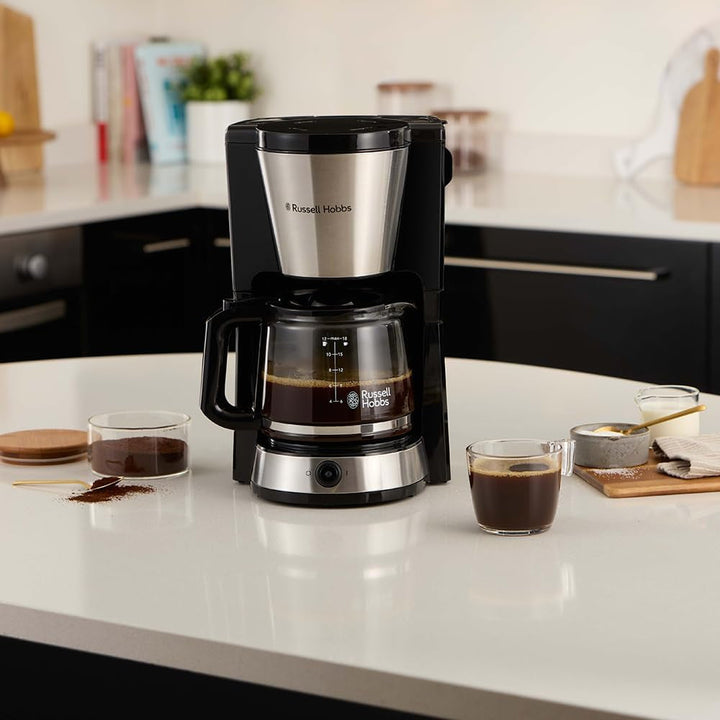Cafetieră Russell Hobbs (filtru de cafea, ulcior de sticlă de 1,25L, 10 cești, funcție de menținere la cald 40 min., oprire prin picurare, oțel inoxidabil periat, funcție Brew-Now, lumină albastră) Heaton 27400-56