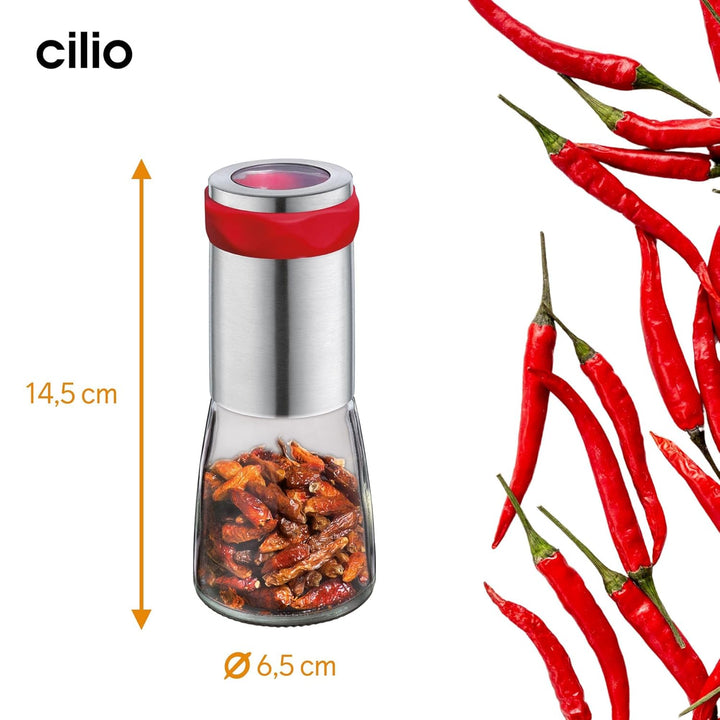 Cilio Chili Mühle PICCANTE | Zum Selbstbefüllen | Ø 6,5Cm, H: 14,5Cm | Mit Verschlusskappe | Inkl. Beschreibbaren Aufklebern | Für Gleichmäßig Feine Chilli Flocken