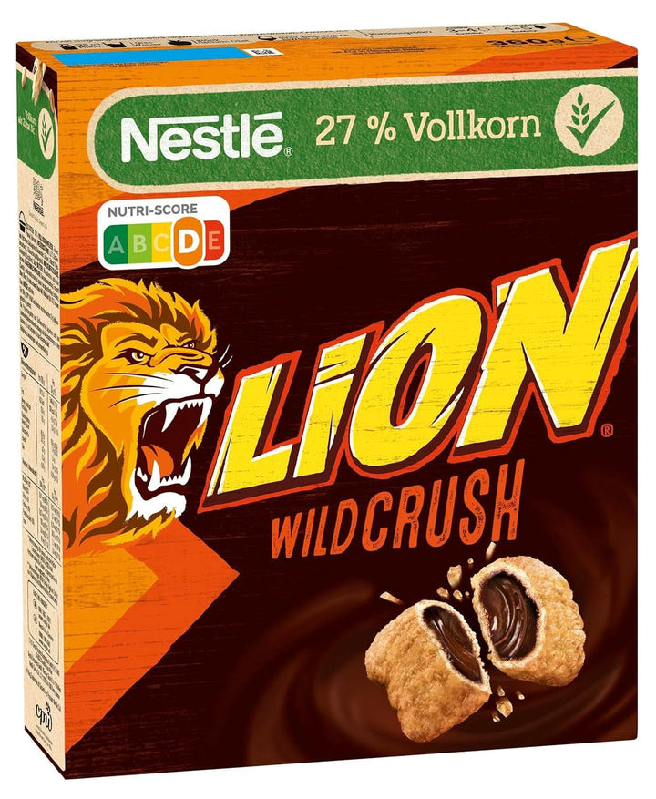 Cereale LION Wildcrush, ciocolată și caramel Cereale pentru micul dejun, pachet de 8 x 360 grame