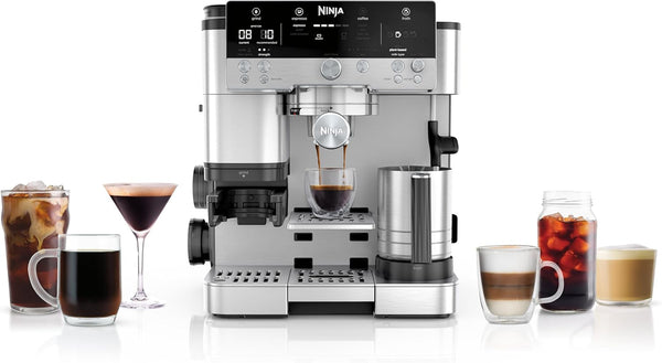 Cafetieră Ninja Luxe Premier 3 în 1 cu râșniță și spumator pentru latte, cappuccino, Cold Brew și espresso, ușor de utilizat, 4 presetări de spumare, argintiu, ES601EU