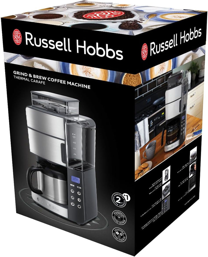 Russell Hobbs Cafetiera cu râșniță Thermo Jug [cronometru digital, cap efervescent pentru extracție și aromă optime] Grind&Brew (Max 10 cești, setare de măcinare în 3 trepte) Filtru de cafea 25620-56
