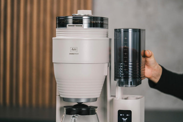 Melitta Aromafresh Pro X - Cafetieră cu râșniță, filtru de cafea cu ulcior din sticlă și rezervor de apă detașabil, pentru până la 10 cești de cafea, gri cald