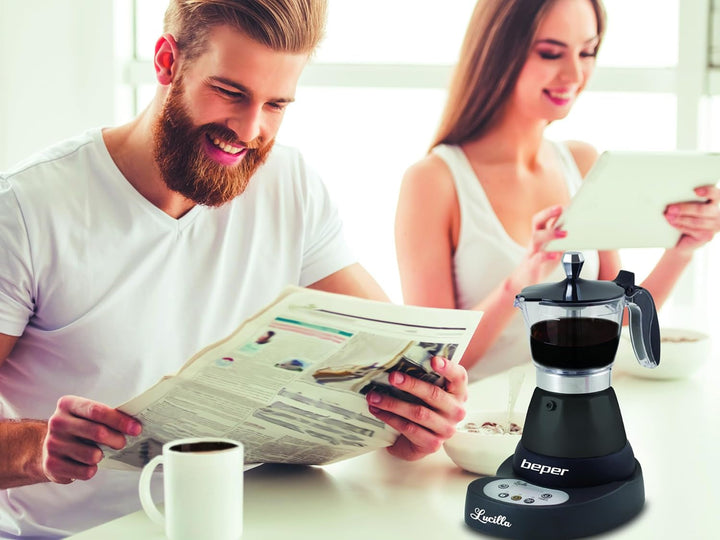 BEPER BC.041N Cafetiera electrică Lucilla - Espresso Maker pentru 3 cești cu timer programabil până la 24 de ore în avans - cafea fierbinte timp de 30 de minute, negru