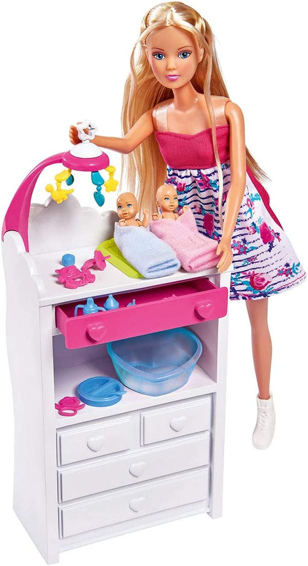Simba 105733333 - Steffi Love Welcome Twins, Păpușă însărcinată, Cu gemeni, Cu masă de schimbat și cadă, Accesoriu, Păpușă de îmbrăcat, 29Cm, Pentru copii de la 3 ani în sus