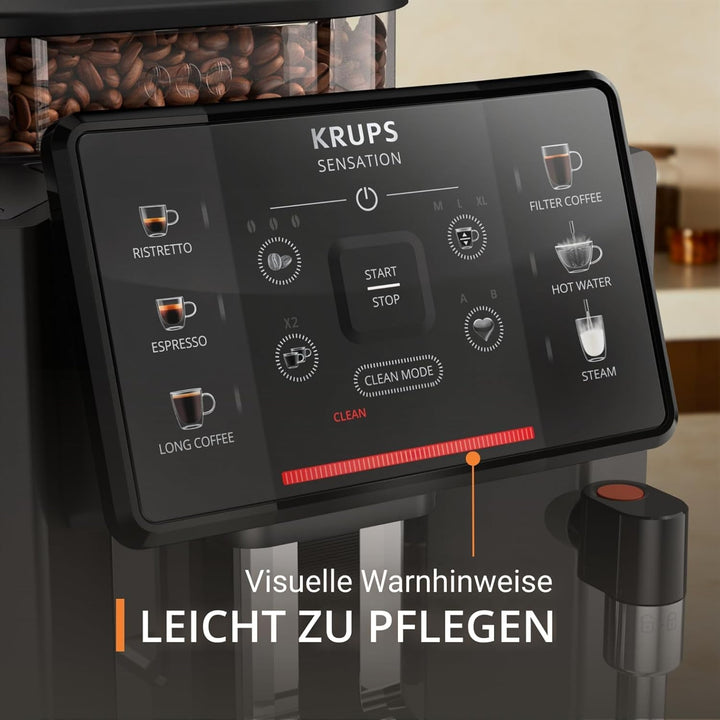 Espressor automat Krups Sensation, spumator de lapte, 5 băuturi, funcție cafea filtrată, funcție 2 cești, espressor, negru, fabricat în Franța, EA910810