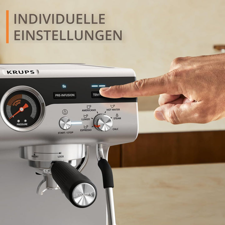 Krups Precision Mașină portafilter manuală Cu râșniță, Mașină de cafea Barista Cu panou de control intuitiv, Setări de pre-infuzie, Mașină espresso Cu duză de abur, Încălzire rapidă, XP801T10