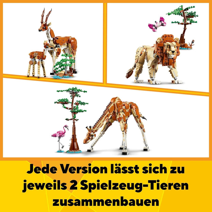 LEGO Creator 3In1 Animal Safari, set creativ cu figurine de animale, 3 opțiuni de construcție: Girafă de jucărie, gazelă și leu, animale de jucărie pentru fete și băieți, cadou natural pentru copii cu vârsta de 9+ 31150