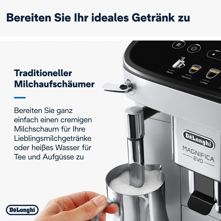 De'Longhi Magnifica Evo ECAM 292.33.SB Aparat de cafea complet automat cu spumă de lapte, 5 butoane de selecție directă pentru espresso, cafea și cafele speciale, panou de control intuitiv, funcție pentru 2 cești, argintiu/negru