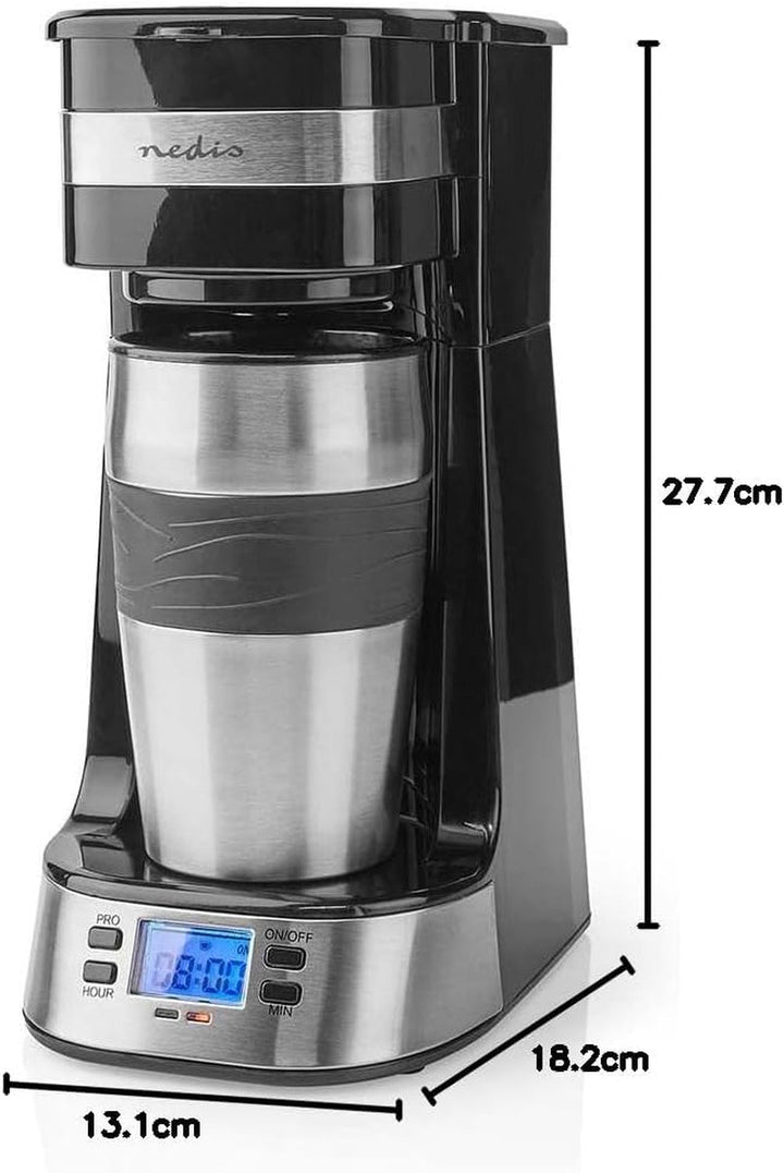 NEDIS Cafetieră - Filtru de cafea - 0,4 L - 1 ceașcă - Pornire cu temporizator - Negru / Argintiu