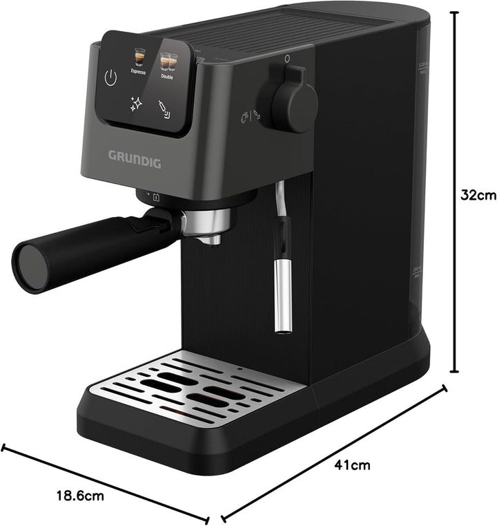 Espressor GRUNDIG KSM 4330 cu filtru portabil și spumator de lapte, pentru cafea măcinată, rezervor de apă detașabil, ecran tactil, putere 1628 W, funcție de memorie, negru