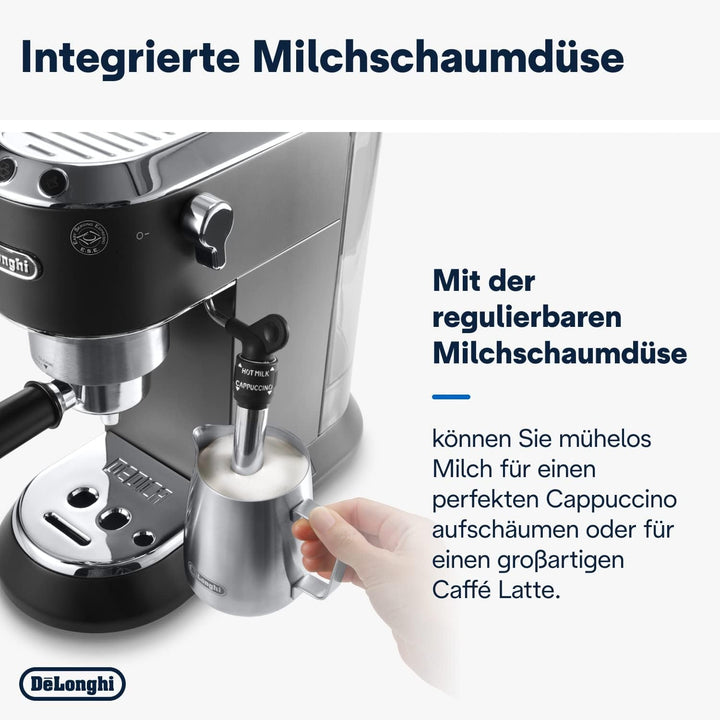 De'Longhi Dedica Style EC 685.B – Espressor portafiltru, espressor cu spumator de lapte profesional, doar 15 cm lățime, pentru cafea măcinată sau capsule ESE, rezervor de apă de 1 L, negru