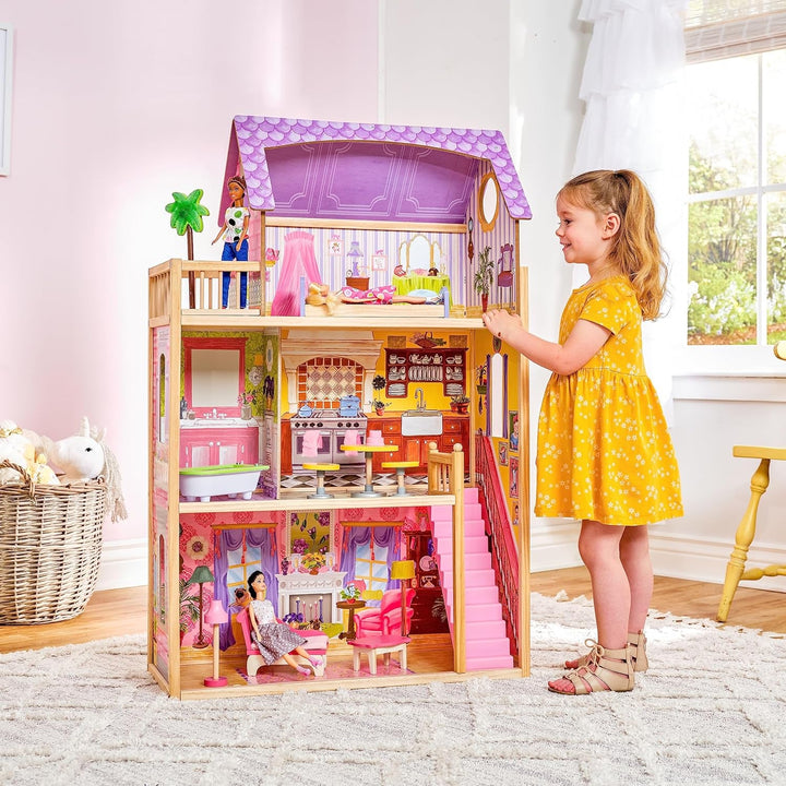 Casa de păpuși din lemn Kidkraft Kayla cu mobilier și accesorii, set de joacă cu 3 niveluri de joc pentru păpuși de 30 cm, jucărie pentru copii de la 3 ani, 65092 - Exclusiv pe Amazon