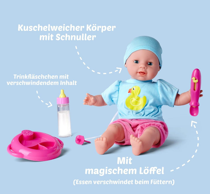 Simba 105010964 - Laura Hungry, păpușă cu corp moale, cu manechin, lingură magică, biberon cu conținut care dispare și farfurie mică, 38cm, păpușă de la 2 ani