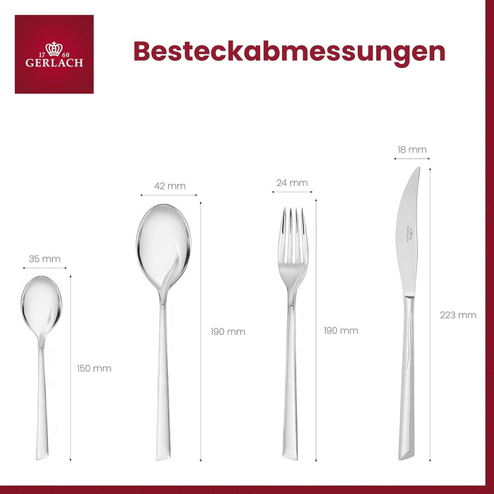 Gerlach Flames Besteck-Set 12 Personen Spülmaschinenfest Essbesteck Edelstahl Elegantes Tafelbesteck Messer Gabel Löffel Teelöffel Kuchengabel Soßenlöffel Kuchenspachtel Glänzend Rostfrei 68 Stk