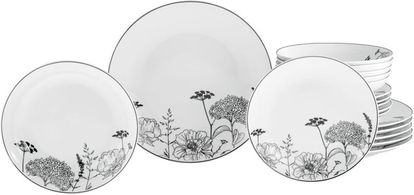 Creatable, 22673, Serie Luna Black Flower, 18-Teiliges Geschirrset Für 6 Personen, Teller Set Aus Porzellan, Spülmaschinen- Und Mikrowellengeeignet, Qualitätsproduktion