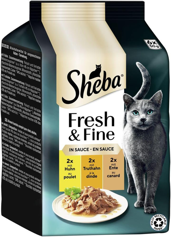 Sheba Portion Bag Wet Cat Food Multipack Fresh & Fine in Sauce With Chicken And Turkey, 6X6X50G - Hrană delicioasă pentru pisici în sos pentru pisici răsfățate