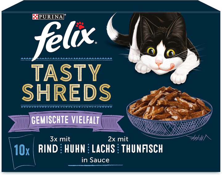 FELIX Tasty Shreds hrană umedă pentru pisici în sos, mix de arome variate, pachet de 6 (6 X 10 X 80G)