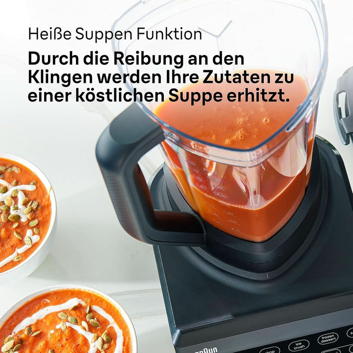 Braun Hochleistungsmixer Powerblend 9 JB9040 – Standmixer Mit Glas-Mixkrug, 18 Mixprogramme, 10 Geschwindigkeiten + Pulsfunktion, Heiße Suppen Funktion, Reinigungsprogramm, Stampfer, 1600 W, Schwarz