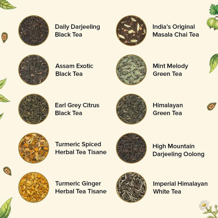 VAHDAM, set cadou cu sortimente de ceai - set de 10 ceaiuri | Ingrediente 100% naturale | Set cadou cu ceai vrac | Ceai negru, ceai verde, ceai Oolong, ceai Chai, ceai alb | Ceai vrac | Set cadou cu set de ceaiuri de probă