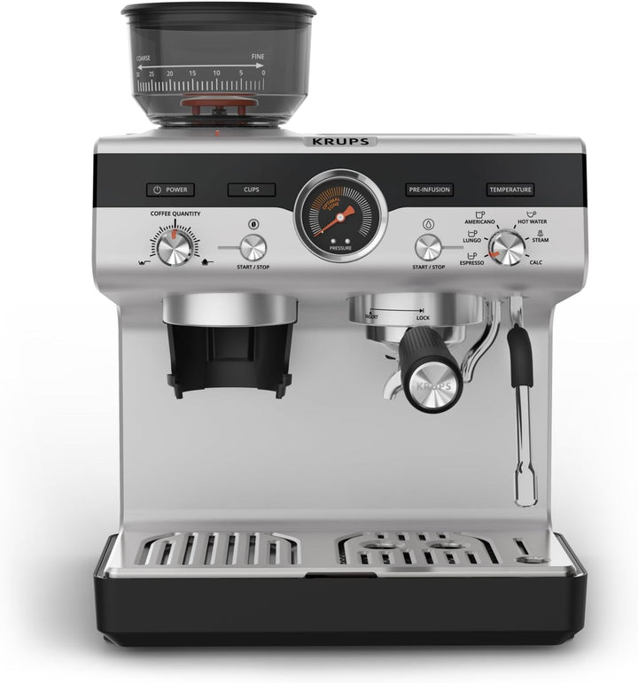Krups Precision Mașină portafilter manuală Cu râșniță, Mașină de cafea Barista Cu panou de control intuitiv, Setări de pre-infuzie, Mașină espresso Cu duză de abur, Încălzire rapidă, XP801T10