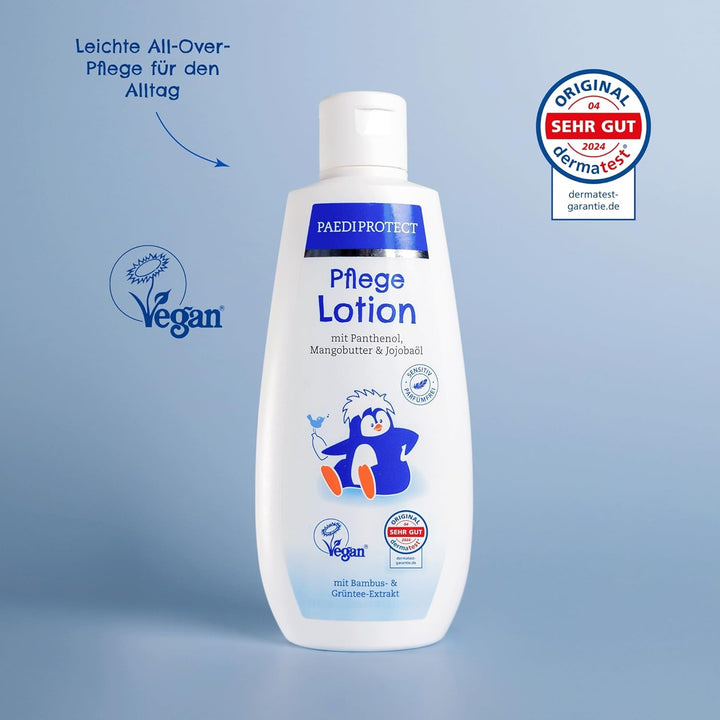 PAEDIPROTECT loțiune de îngrijire pentru bebeluși și copii 200 ml, loțiune de îngrijire cu pantenol, îngrijire hidratantă cu ulei de jojoba și unt de mango, pentru pielea sensibilă și uscată a bebelușilor și copiilor, loțiune vegană