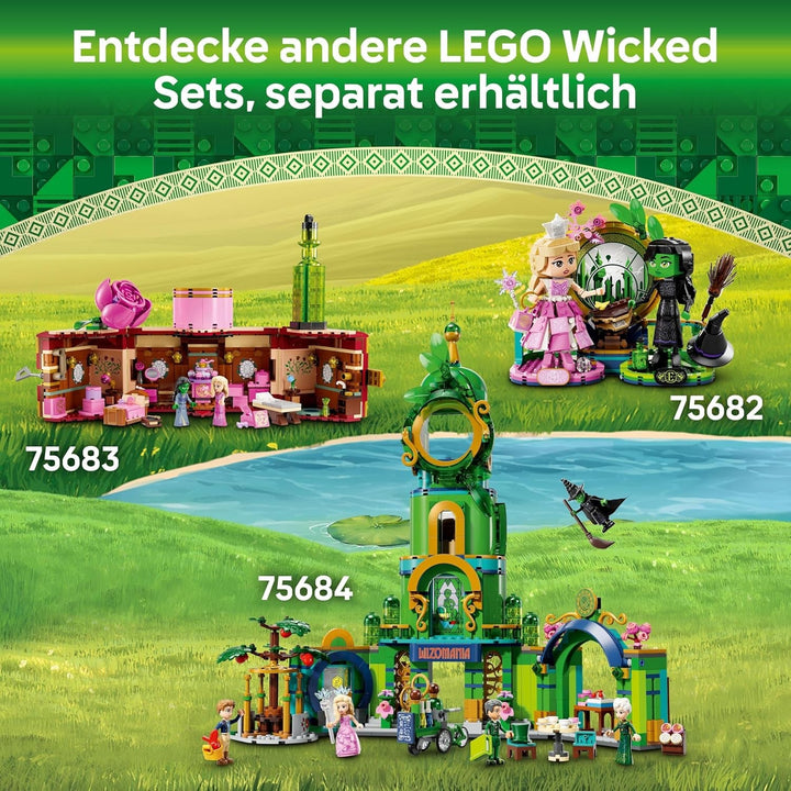 LEGO Wicked Welcome to Emerald City, jucărie cu turn, Glinda și Elphaba mini păpuși, cadou pentru fanii filmului și fete și băieți de la 9 ani, care iubesc casele de păpuși 75684