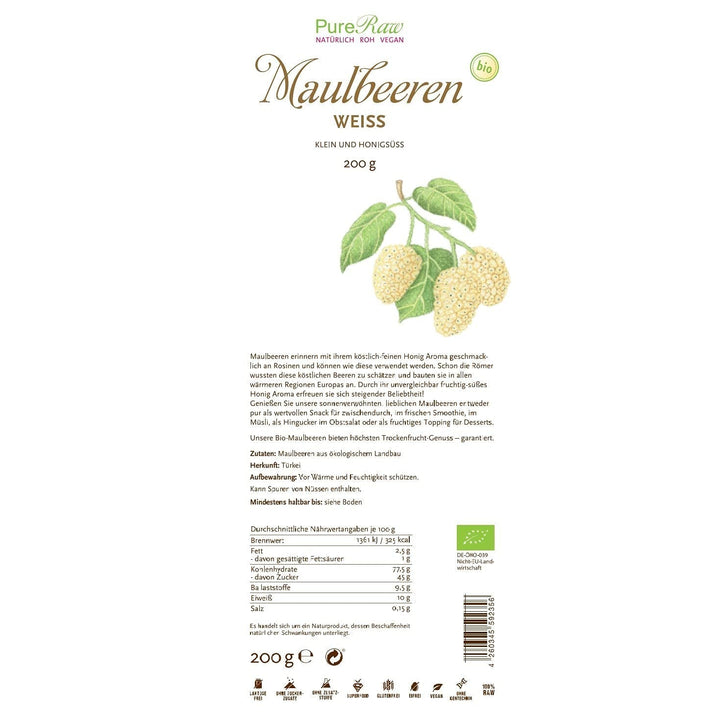 Premium Organic uscat (Raw Vegan) mure albe Morus Alba Mulberry Fruit - Fructe uscate fără adaos de zahăr din Turcia - Organic Raw White Mulberries Dried Fruit | PureRaw 200g Produse deshidratate Naty Shop