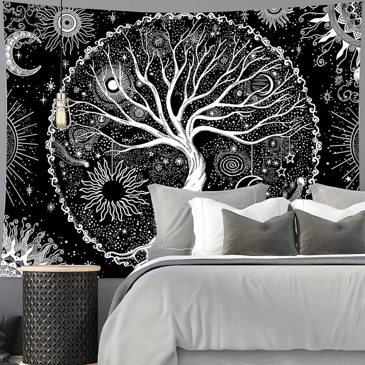 Tapiserie negru alb copac viata tapiserii faze luna Casa - Accesorii si Decoratiuni Naty Shop