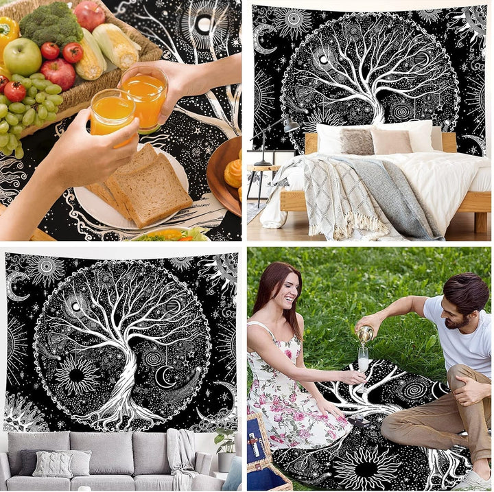 Tapiserie negru alb copac viata tapiserii faze luna Casa - Accesorii si Decoratiuni Naty Shop