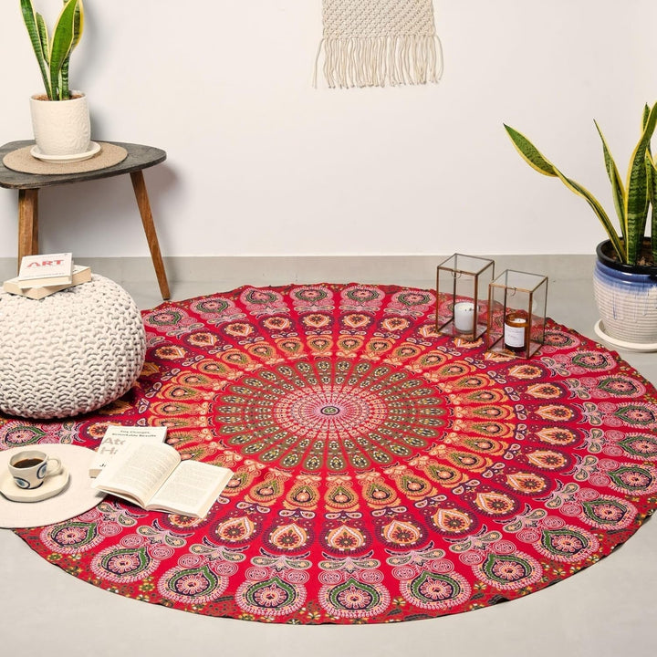 Tapiserie rotunda peacock mandala centimetri roundie hippie fata Casa - Accesorii si Decoratiuni Naty Shop Roșu auriu D-72"