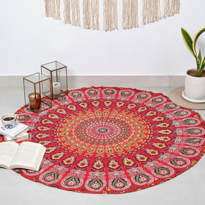 Tapiserie rotunda peacock mandala centimetri roundie hippie fata Casa - Accesorii si Decoratiuni Naty Shop Roșu auriu D-48"